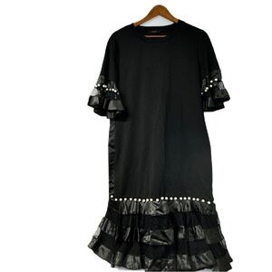 N by Nancy woman’s black short sleeve pearl l drop waist midi ruffle mesh dress